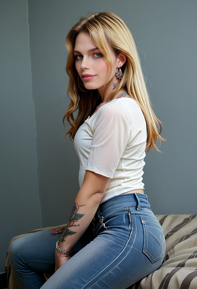 score_9, score_8_up, score_7_up, CarlaC4rd1ll3, Carla Cardille, <lora:CarlaC4rd1ll3-pony:1>, 1girl, (looking at viewer), head turned, tattoos, solo, shirt, profile, denim, denim pants, jewelry, blonde hair, jeans, earrings