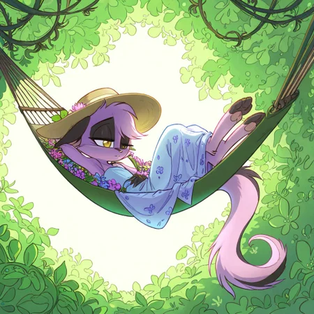1girl,solo,furry,pink fur,tail,ears,source_furry,
,<lora:Viriathus_Vayu_illustrious:0.8>,
child, kid,
flower_hammock, floral_blanket, sunhat, serene_expression, garden_background, soft_lighting, blooming_vines, dreamy_vibes, lazy_afternoonm napping in a hammock woven with flowers, her hat tipped over her eyes. Blooms cascade around her as sunlight filters through leaves.