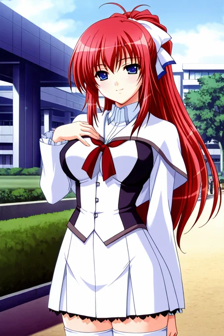 <lora:shiratori_mikoto_iny_ills:1>shiratori mikoto, school uniform, white short capelet, 1girl, solo, long hair, blue eyes, white fitted skirt with black frills, school bulding background, school park, outdoor, thighhighs, side white big hair bow, ponytail, red hair, white thighhighs, zettai ryouiki, one hand on chest,   seductive smile, high resolution,  cowboy shot, looking on viewer, large breast, (white thight sleeves), (red ribbon tie under capelet), slender body, young-adult, full body, brown shoes, <lora:HandFixer_pdxl_Incrs_v1:1>