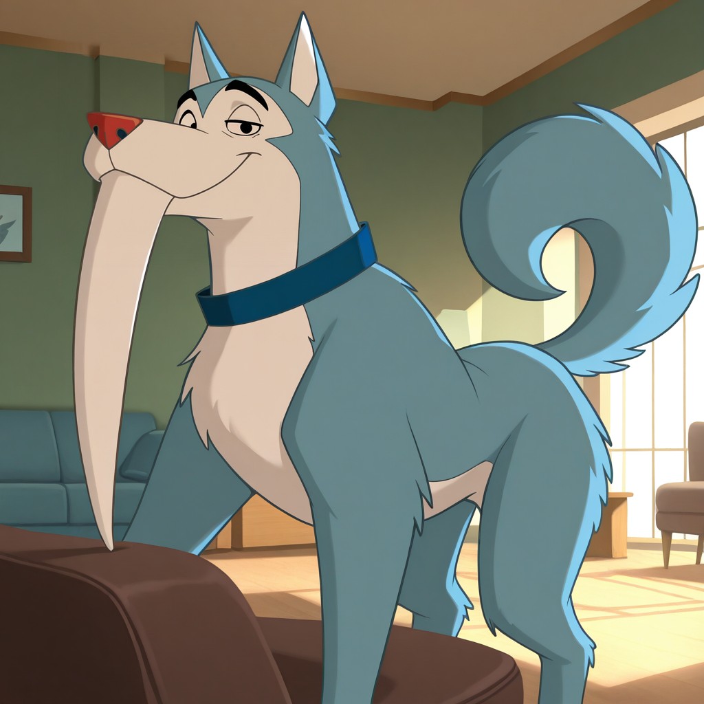 masterpiece, best quality, amazing quality, tuskyhusky, male, furry male, solo, dog, feral, blue fur, white fur, two-tone fur, black eyes, red nose, tail, large front tooth, blue collar, standing, smirk, looking at viewer, indoors, living room