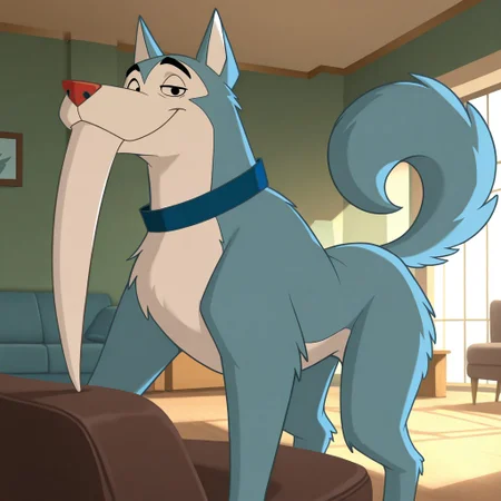 masterpiece, best quality, amazing quality, tuskyhusky, male, furry male, solo, dog, feral, blue fur, white fur, two-tone fur, black eyes, red nose, tail, large front tooth, blue collar, standing, smirk, looking at viewer, indoors, living room