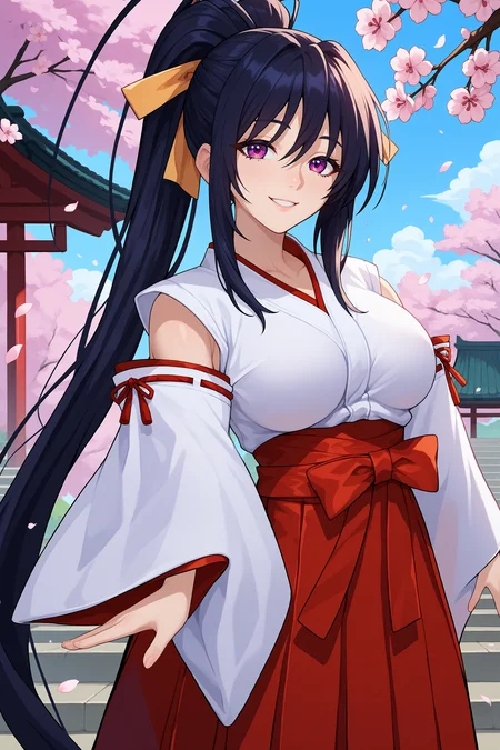 score_9, score_8_up, score_7_up, score_6_up, source_anime, 1girl, solo, <lora:akenohimejima-pdxl-nvwls-v1-000005:1> dxdAH, black hair, ponytail, very long hair, purple eyes, hair ribbon, white kimono, red hakama, hakama skirt, detached sleeves, long sleeves, big breasts, looking at you, smile, stairs, cherry blossoms, blue sky, clouds