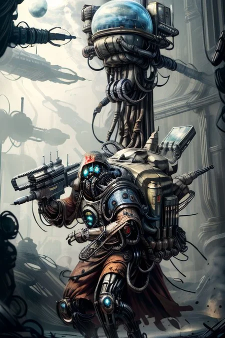 ((masterpiece,best quality)), absurdres, BREAK
mechanical arms, robes, hood, BREAK
((techpriest)), cyborg, mechanical face, mechanical limbs, gas mask, mechanical tentacles, (mechanical backpack), blue cloak, BREAK
1other, solo, holding gun, weapon, gun, firearm, BREAK
(LunarPunkAI),