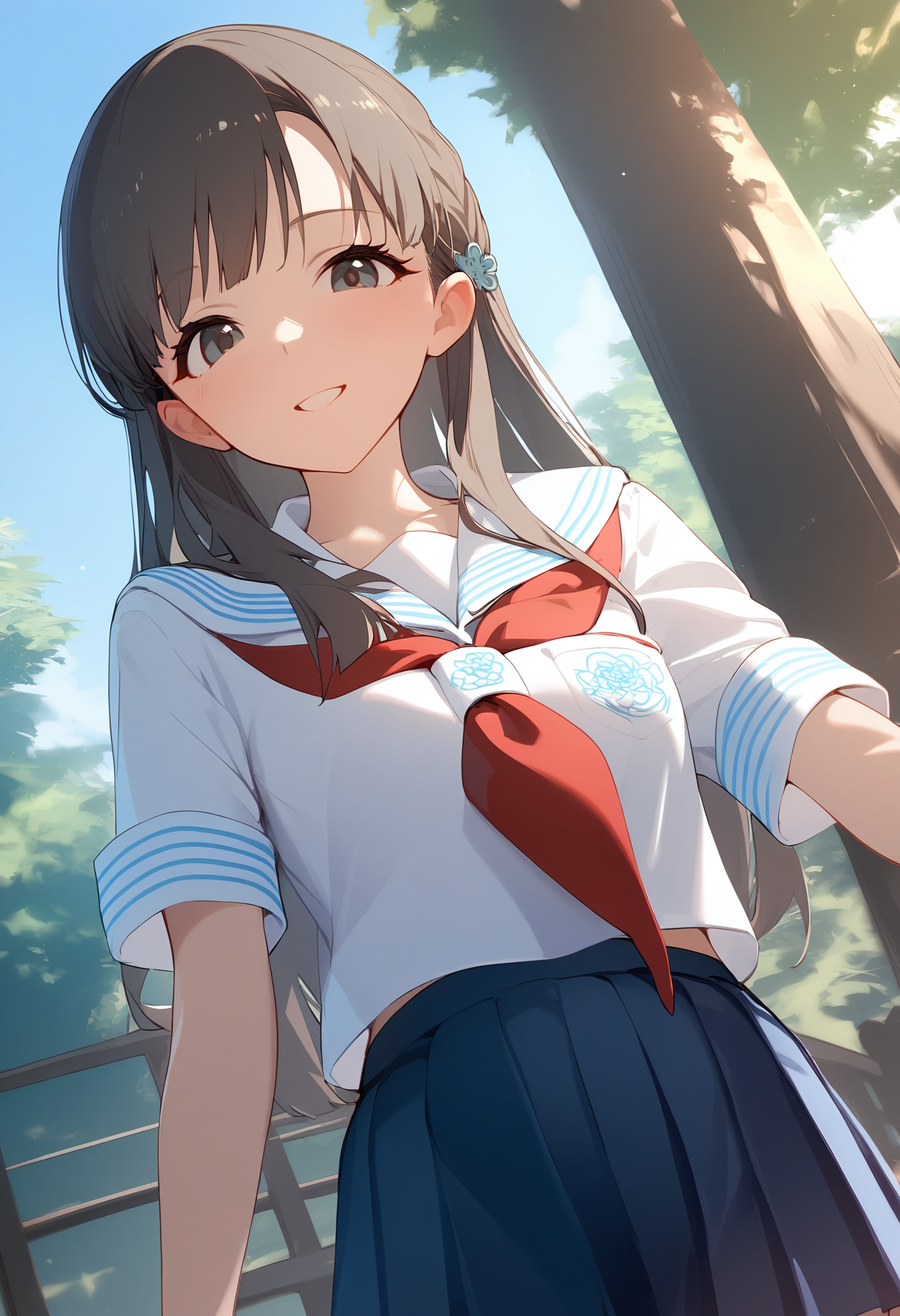 1girl,kobayakawa sae,looking at viewer,red neckerchief,solo,blush,pleated skirt,serafuku,sailor collar,short sleeves,white shirt,blue skirt,smile,outdoors,standing,<lora:a31_char_new_kobayakawa_sae:1>masterpiece, best quality, absurdres<lora:a31_style_koni-000010:0.8>