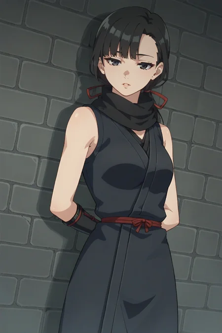 score_9, score_8_up, score_7_up, source_anime, 1girl, prefect lighting, very aesthetic, intricate details, highly detailed background, masterpiece, high quality, prefect hands, best quality, solo,
<lora:Benichidori_Dungeon_Meshi_V1:.85>, KJObenichidori, long hair, black hair, black eyes, half-closed eyes, low-tied hair,
ninja outfit, black scarf, sleeveless, gauntlets,
standing, arms behind back, expressionless, parted lips, dutch angle,
Stone walls, mossy wall, dungeon, torch on wall, dimly lit,
(Beautiful, medium Breasts:1.2), natural breasts,