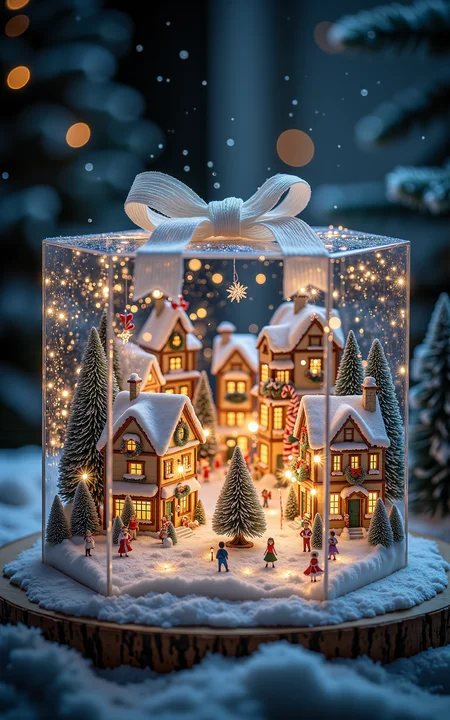 A transparent Christmas gift box with a magical miniature town inside. The town features snow-covered houses decorated in a festive Christmas style, with twinkling fairy lights, wreaths, and candy canes. The scene inside the box has a glowing, ethereal light, creating a whimsical and enchanting atmosphere. Fine details include tiny people enjoying Christmas activities, a decorated Christmas tree in the town square, and gentle snowfall visible inside the box. The entire composition is vivid and dreamy, evoking a sense of wonder. <lora:aidmaMJ6.1v0.4:0.6> aidmaMJ6.1