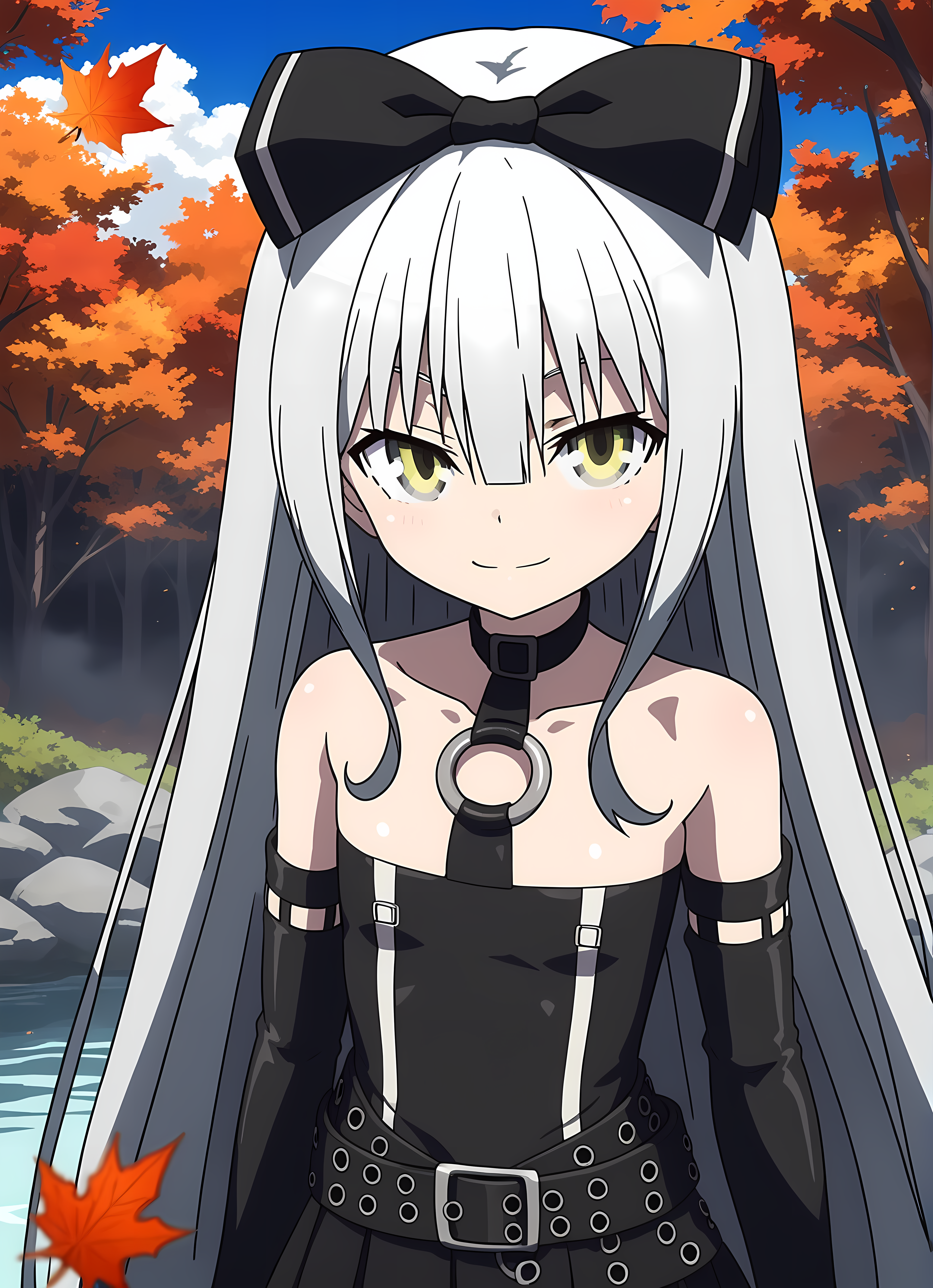 score_9,score_8_up,score_7_up,looking at viewer, shiny skin, upper body, light smile, petite,ohwx, grey_hair, long_hair, yellow_eyes, collarbone, very_long_hair, grey_eyes, hair_between_eyes, white_hair, short_hair, flat_chest, breasts,bare_shoulders, choker, bow, hair_bow, collar, ribbon, dress, skirt, black_bow, belt, black_dress, hair_ribbon, pantyhose, cosplay, gloves, elbow_gloves, black_pantyhose, hairband, thighhighs, shoes, necktie, pleated_skirt, o-ring, gothic_lolita, Japanese hot spring hidden in a mountain forest, steam rising, surrounded by autumn leaves, secluded,<lora:sora_pony_sobsynapse-000003:0.9>