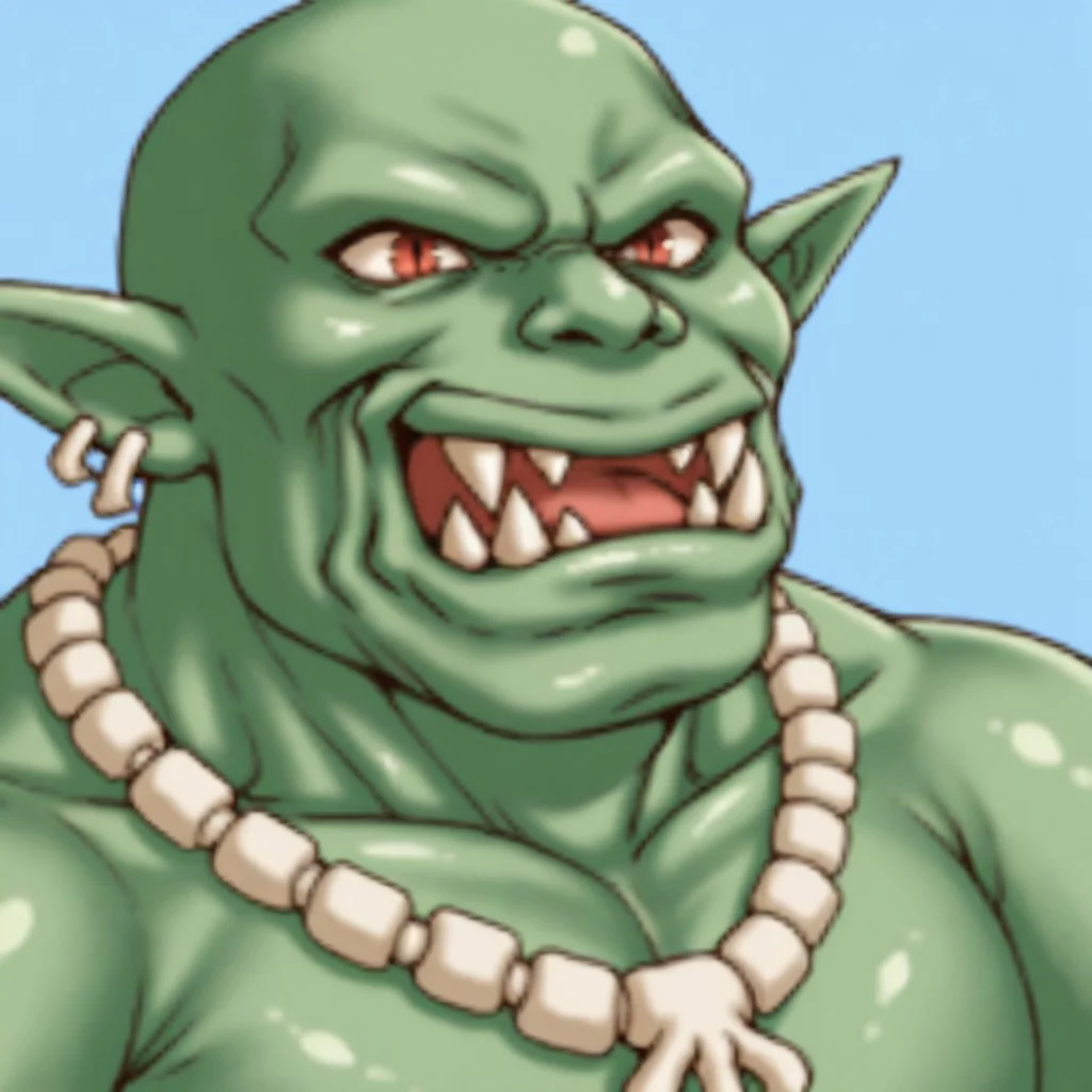 (source_anime, score_9, score_8_up, score_7_up:1), rm2kfaceset, solo, orc, green skin, bone necklace, fangs, blue background