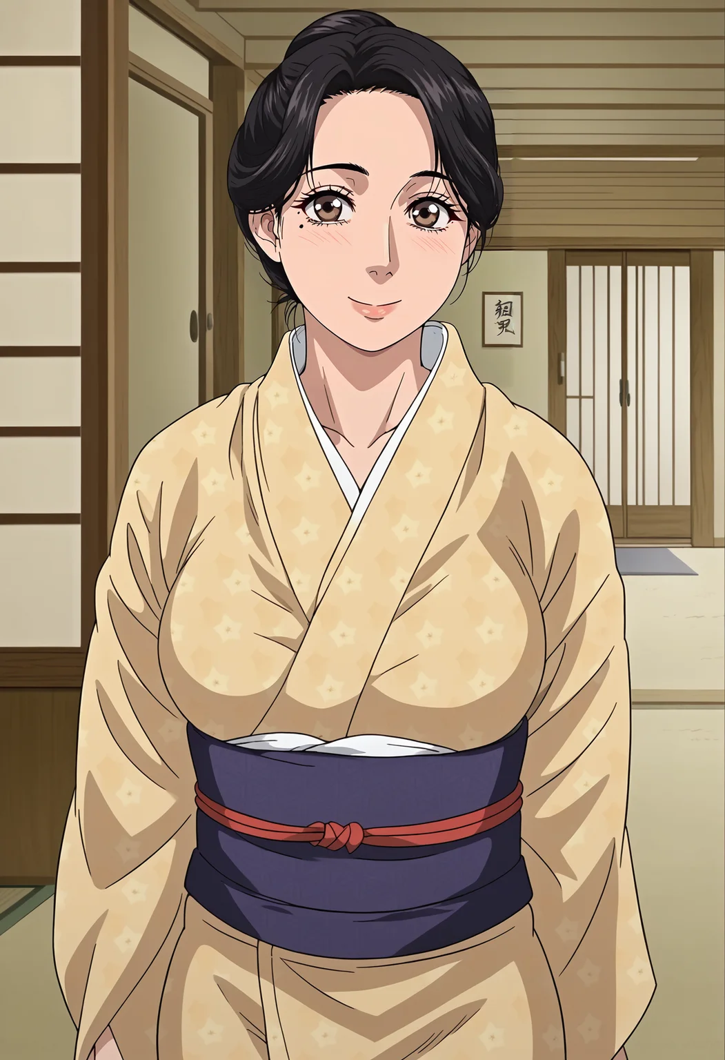<lora:Ayaka_YOSHINO-Konna_ni_Yasashiku_Sareta_no:0.8>,Ayaka,mature female,1girl,solo,black hair,mole under eye,brown eyes,hair bun,japanese clothes,kimono,cowboy shot,looking at viewer,indoors,smile