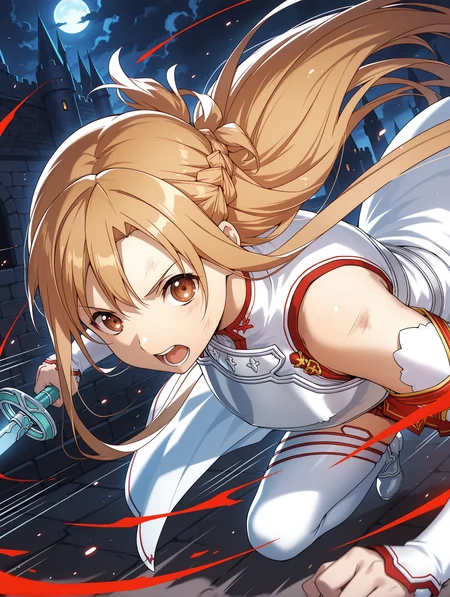 masterpiece,best quality,newest,
1girl,solo,
<lora:a_asuna_ilxl_v1:1>,a_asuna,brown eyes,a_clothes,a_sword,holding sword,
<lora:Fixhands_anime_bdsqlsz_V1:1>,dynamic_angle,cinematic_angle,fighting,night,darkness,(motion_blur:1.3),(motion line:1.2),(speed_lines:1.1),fighting_stance,aura effect,dark cloud,leaning_forward,running,pov,looking_at_viewer,front view,bent over,bruise on body,thundercloud,fantasy,screaming,castle,fortress,
