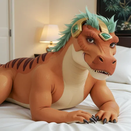 score_9, score_8_up, score_7_up, score_6_up, score_5_up, score_4_up, masterpiece, high quality, realistic, detailed, best quality, white bed, solo, rating_safe, source_furry, bedroom, lying on belly, smiling, seductive, (looking at viewer), close up, detailed eyes, Tyrannosaurus_ram, dinosaur, tyrannosaurus, orange scales, green hair, tail, claws, 1girl, female, black eyes, headgear, feral