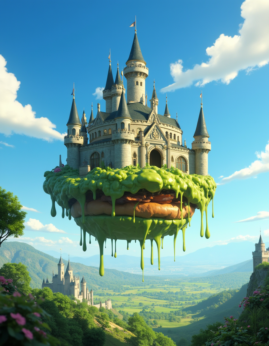 <lora:MW_Minis01flux:1> mwm01, cinematic, majestic, fantasy, T10, gold, blue, bokeh, a green slime covered haunted magical castle with ornate spires and detailed architecture, floating atop a massive burger with lettuce and meat and sauce in a bright blue sky. The slimy castle is lit by golden sunlight from the right, casting soft shadows and illuminating the stonework. Below, a lush, rolling green landscape stretches into the horizon, dotted with trees and distant castles nestled in the hills. The view is from a slightly elevated mid-ground perspective, focusing upward toward the floating castle to emphasize its surreal height and grandeur. Highly detailed, cinematic lighting, fantasy realism, Studio Ghibli meets Disney aesthetic, painterly yet photorealistic.