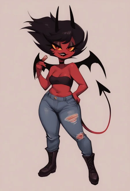 score_9, score_8_up, score_7_up, HCSV1, Helluvabossstyle, helluvastyle, HBstyle, VerosikaCrewGirlsMilky, short, short posturę, chubby, shortstack, 1 girl, horns, demon girl, red skin, solo, colored skin, wings, demon tail, tail
