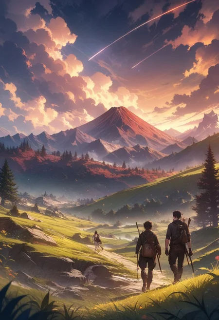 detailed background,( stormy fall night evening landscape), A warm spring morning, beautiful view, bits of redwood tree in foreground, bright sunny weather, a large red mountain with trees in the background, shooting stars, beautiful clouds, (explorers walking through open field) , depth of field, masterpiece, best quality, ultra-detailed, very aesthetic, illustration, perfect composition, intricate details, absurdres, fantasy, adventurers walking, epic fantasy,