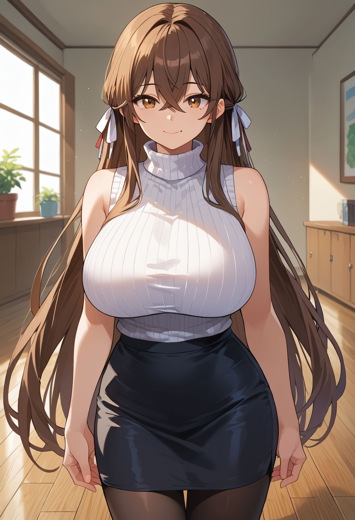 score_9,score_8_up,score_7_up,  1girl, black pantyhose, black skirt, breasts, brown eyes, brown hair, closed mouth, crossed bangs, hair between eyes, hair ribbon, huge breasts, indoors, long hair, looking at viewer, mole, mole under mouth, pantyhose, pencil skirt, reflective floor, ribbed sweater, ribbon, sidelocks, skirt, sleeveless, sleeveless turtleneck, smile, solo, standing, sweater, taut sweater, turtleneck, turtleneck sweater, very long hair, white sweater