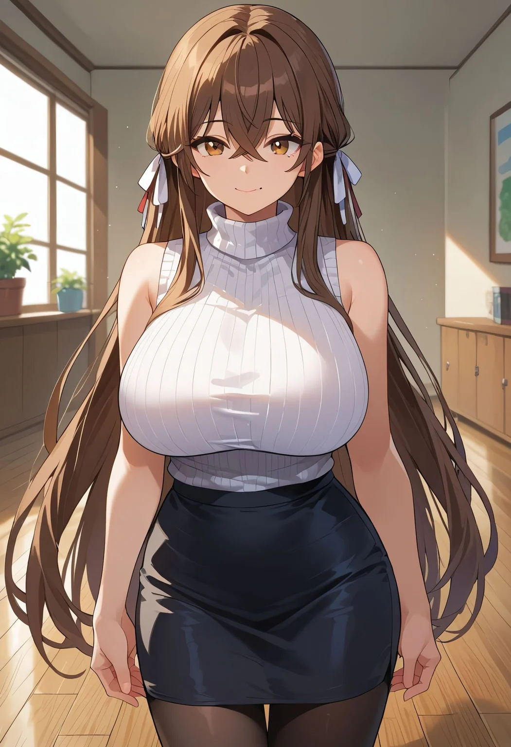 score_9,score_8_up,score_7_up, 1girl, black pantyhose, black skirt, breasts, brown eyes, brown hair, closed mouth, crossed bangs, hair between eyes, hair ribbon, huge breasts, indoors, long hair, looking at viewer, mole, mole under mouth, pantyhose, pencil skirt, reflective floor, ribbed sweater, ribbon, sidelocks, skirt, sleeveless, sleeveless turtleneck, smile, solo, standing, sweater, taut sweater, turtleneck, turtleneck sweater, very long hair, white sweater