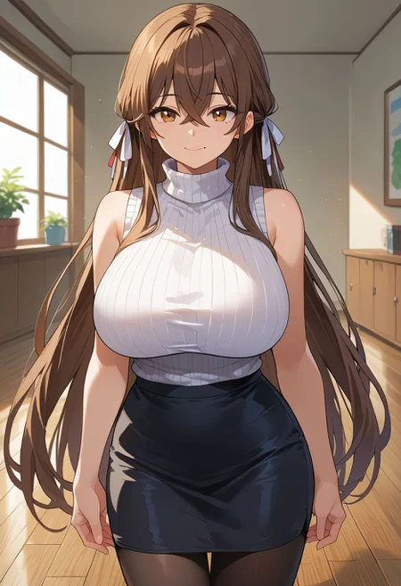 score_9,score_8_up,score_7_up, 1girl, black pantyhose, black skirt, breasts, brown eyes, brown hair, closed mouth, crossed bangs, hair between eyes, hair ribbon, huge breasts, indoors, long hair, looking at viewer, mole, mole under mouth, pantyhose, pencil skirt, reflective floor, ribbed sweater, ribbon, sidelocks, skirt, sleeveless, sleeveless turtleneck, smile, solo, standing, sweater, taut sweater, turtleneck, turtleneck sweater, very long hair, white sweater
