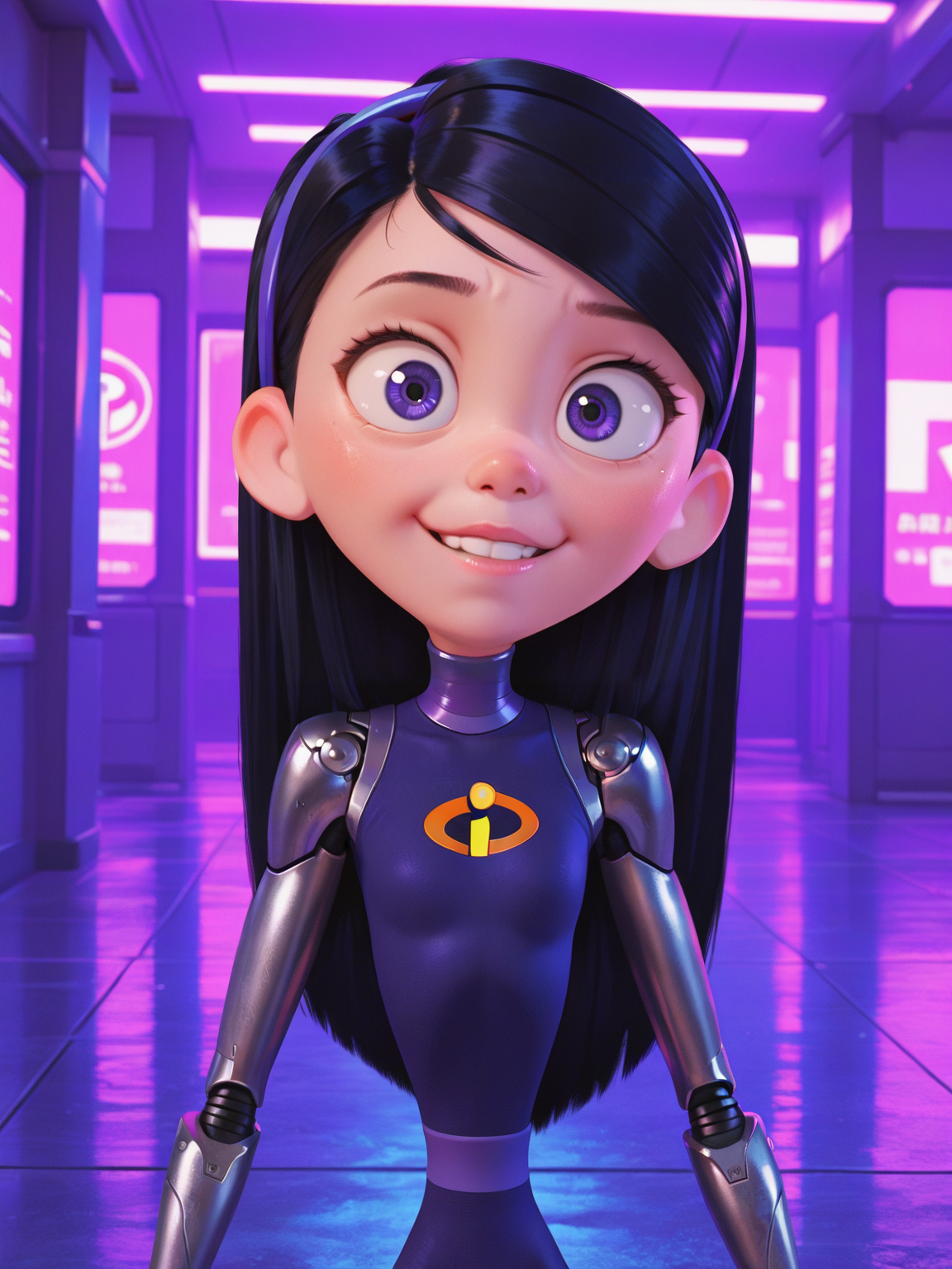<lora:Violet_ParrIL:0.7> vio_p, 1girl, slender body, fair skin, long straight hair, black hair, pink lips, bluish-purple eyes, purple headband,
looking at viewer, cyberpunk, augmentations, prosthetic, metal arm, GLOWING CYBERNETIC EYE,difficult background, at night, dynamic pose,