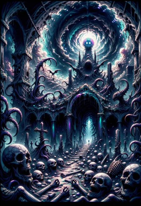 fantasy illustration of sythenticanime cathedral ruins made of bones, covered in blades, graveyard, nebulous miasma, ominous atmosphere, (chromatic aberration:1.2) <lora:dmd2_sdxl_4step_lora> <lora:xl_AnimeSythenticV1.1> <lora:xl_spo_sdxl_10ep_4k-data_lora_webui>
