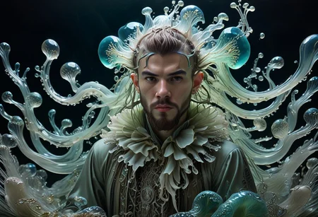 long mid shot portrait photography of an ethereal young man warrior, (glowing runes: 1.1), fairytale aesthetic. light green sheme, Photorealistic, intricate details, realism, sfw, ultrasharp, photography, floating, water, under water, jellyfish, haute couture, tentacles, bioluminescence