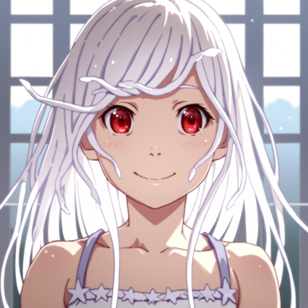 score_9, score_8_up, score_7_up, score_6_up, score_5_up, score_4_up, source_anime, , Nadeko, long hair, red eyes, bare shoulders, white hair, snake hair,  , soft smile, portrait