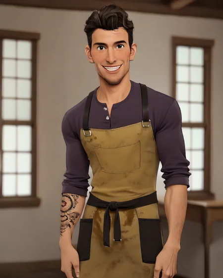 score_9, score_8_up, score_7_up, intricate details, rating_questionable,
<lora:CoralPablo:0.8>,
<lora:homri52:0.8>,
1boy(CoralPablo, Yellow Apron, Purple Shirt, smiling, one single tattoo on his right forearm, body hair, hairy, solo, cowboy shot, looking at the viewer), indoors, cozy metalworking shop, wooden walls, sunshine, summer
, detailed background, depth of field, subsurface scattering,
<lora:xl_more_art-full_v1:0.3>,
<lora:add-detail-xl:0.3>
