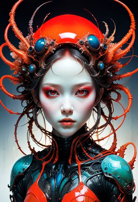 photo of a alien, fung-hwang,UV-reactive, red light art concept by Waterhouse, Carne Griffiths, Minjae Lee, Ana Paula Hoppe, Stylized florescent art, Intricate, Complex contrast, HDR,OverallDetail, mineral color painting