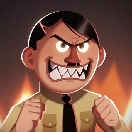 score_9_up, score_8_up, BREAK, Hitler, 1boy, solo, black hair, short hair, black eyes, shirt, black necktie, upper body, looking at viewer, <lora:Hitler_LoveDeathRobots_PXL_Leaf1:1>, sharp teeth, fire, grin,