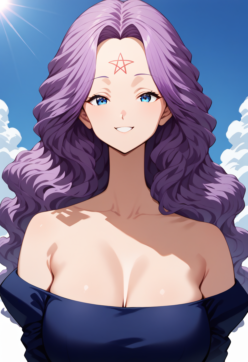1girl, solo, field, sky, sunlight, upper body, smile, 
ria_kinakamo, forehead mark, blue eyes, purple hair, long hair, wavy hair, cleavage, blue dress, bare shoulders, long sleeves, off shoulder, <lora:ria_kinakamo_pony_ver1:0.8>, score_9, score_8_up, score_7_up, BREAK source_anime, best quality, masterpiece, uncensored, Captivating Eye Reflections,,