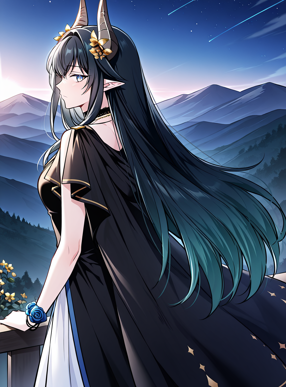 <lora:Regressor_Instruction_Manual__Dialugia:1>
1 girl, solo, long hair, straight hair, black hair, greenish blue hair, gradient hair, bangs, hair ornament, golden flowers, elf ears, horned girl, horns, 
white dress, black outer robe, blue lining, blue trim, black cloak, starry cloak, layered outfit, black and gold accents, golden trim, choker, black choker, sleeveless dress, long dress, open cloak, necklace, blue rose bracelet
score_9, score_8_up, score_7_up, source anime, BREAK, cowboy shot, (from side), looking back, looking at viewer, overlooking mountain, high altitude, scenery, exterior, background