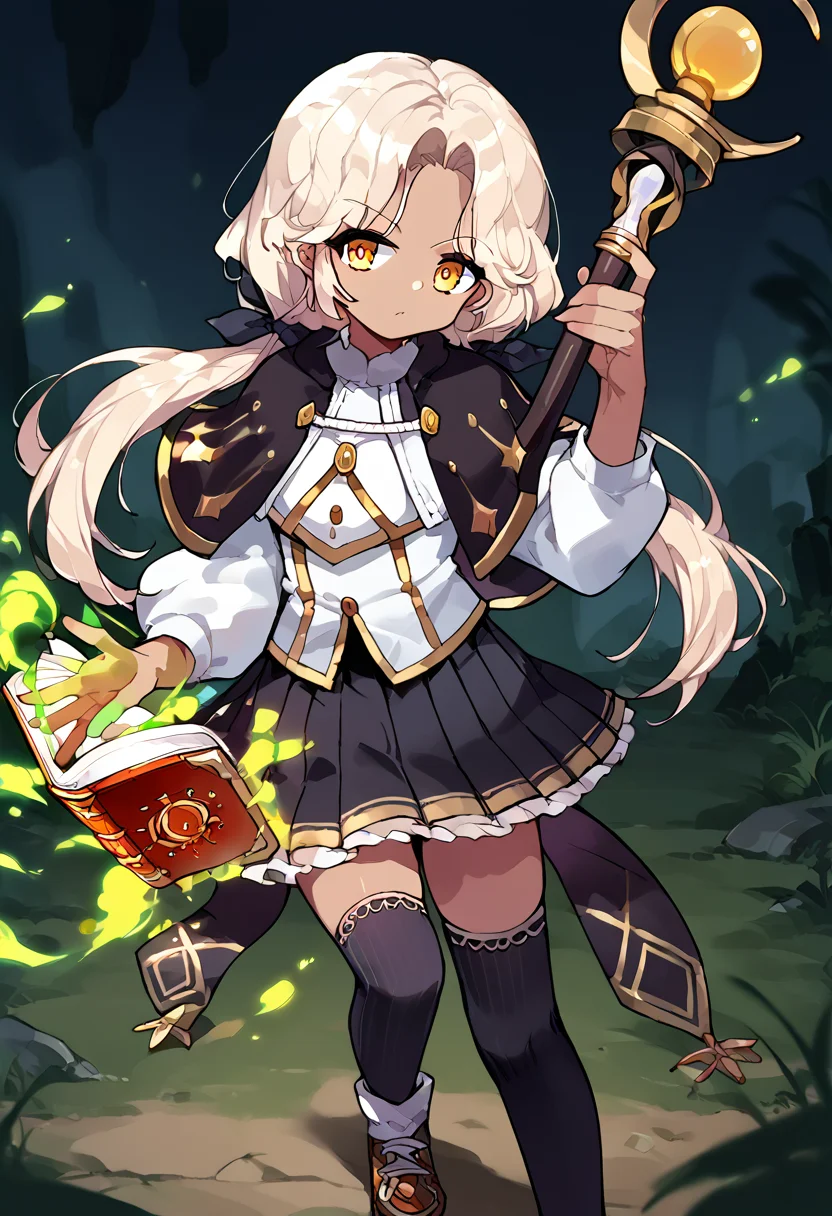 score_9,score_8_up,score_7_up,source_anime,zPDXL3,
*//*,<lora:ArchMageFP_Pony:1.0>,archmage_fp,1girl,solo,dark skin,dark-skinned female,blonde hair,twintails,low twintails,long hair,yellow eyes,black thighhighs,black skirt,pleated skirt,capelet,brown footwear,striped,magic,open book,staff,holding staff,
*//*,looking at viewer,cowboy shot,dutch angle,dynamic pose,