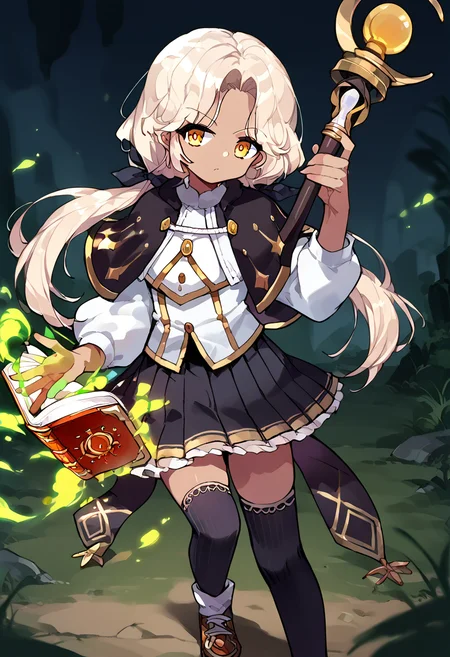 score_9,score_8_up,score_7_up,source_anime,zPDXL3,
*//*,<lora:ArchMageFP_Pony:1.0>,archmage_fp,1girl,solo,dark skin,dark-skinned female,blonde hair,twintails,low twintails,long hair,yellow eyes,black thighhighs,black skirt,pleated skirt,capelet,brown footwear,striped,magic,open book,staff,holding staff,
*//*,looking at viewer,cowboy shot,dutch angle,dynamic pose,
