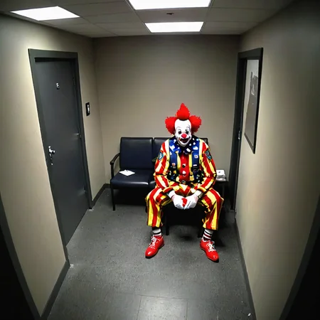 1man, a clown sitting in a small police Interrogation Room, wearing a boxer, cctvfootage, aerial view, footage from a security camera, alone, dark, low quality, footage, bad quality <lora:SDXL_CCTV:1> cctvfootage, blurry, videotape interference,