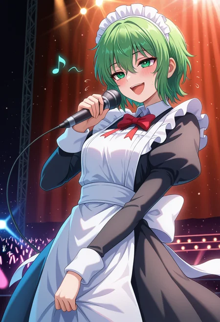 masterpiece, best quality, amazing quality, 1girl, solo, koroneww, green eyes, green hair, short hair, bangs, hair between eyes, maid, maid headdress, long dress, long sleeves, puffy sleeves, juliet sleeves, maid apron, <lora:Korone_Ichiban_Ushiro_no_Daimaou_ill_v11:0.9>, (singing, music, concert), microphone, holding microphone, musical note, sweat, flying sweatdrops, outdoors, stage, stage lights, spotlight, light particles, open mouth, (crazy smile), blush, skindentation, detailed clothing folds, depth of field, sharp, high contrast, dynamic light