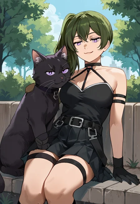 score_9, score_8_up, score_7_up, score_6_up, score_5_up, score_4_up, Ubel_(Sousou_no_Frieren), 
purple_eyes, green_hair, medium_hair, side_ponytail, medium_breasts
purple_eyes, green_hair, medium_hair, side_ponytail, medium_breasts, black_dress, pleated_dress, sleeveless_dress, halterneck, o-ring_choker, black_choker, arm_strap, armlet, thigh_strap, black_belt, belt_buckle, single_elbow_glove, black_gloves,
park, benach, (cat.1.8), cat on lap, smug, :3, cat smile,