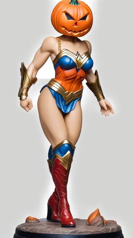 A full body shot of Wonderwoman Pumpkinhead <lora:SDXL-Pumpkinhead-Lora:1>, Very detailed, clean, high quality, sharp image