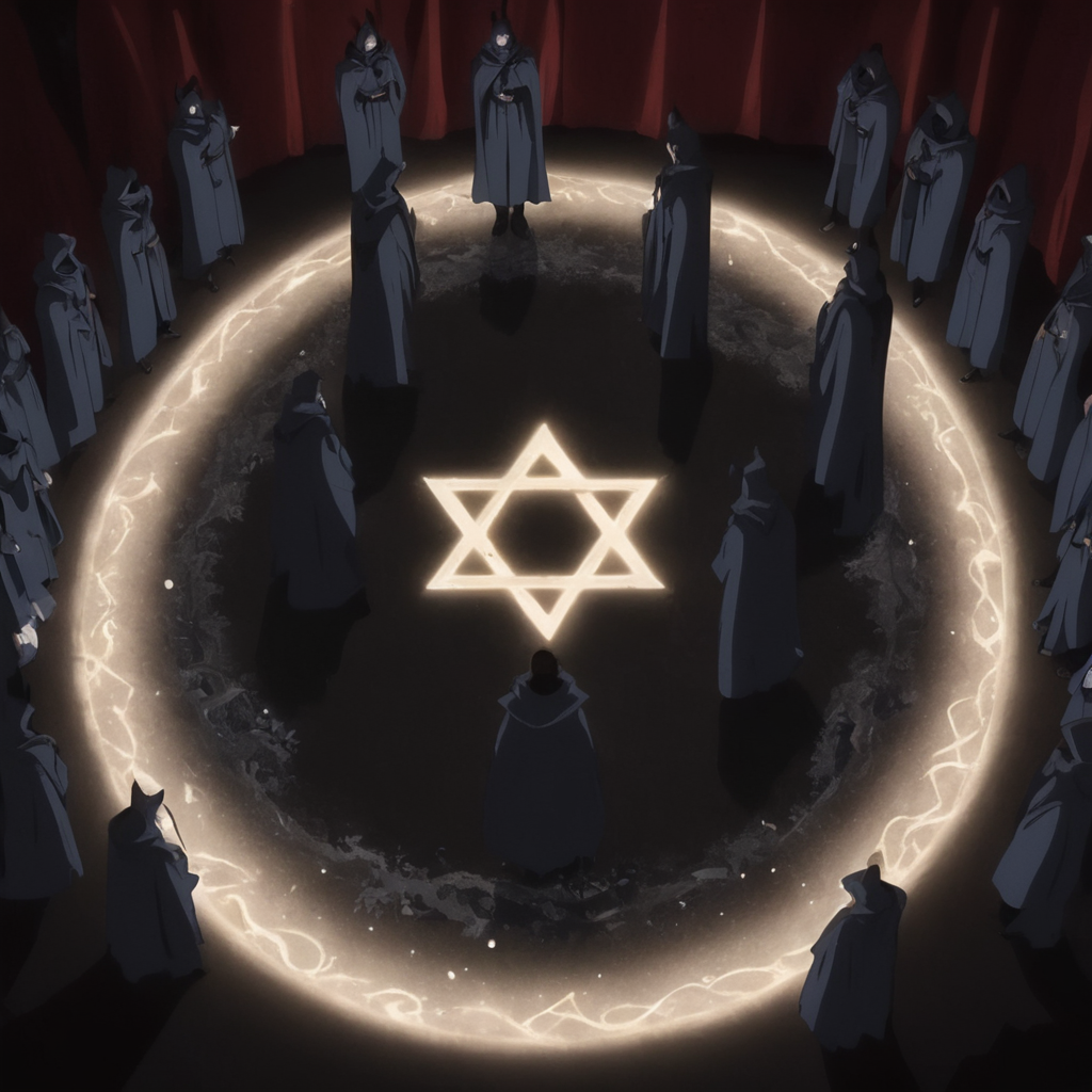 cinematic film still of  <lora:Demon:1>
from above, a group of people in hoodie robs standing around a magical pentagram circle with a star of david summoning a creature,multiple boys,english text,3boys,magic circle , male devil, creature, evil, demonic, villain, glowing eyes, muscular, golden yellow eyes, bat-like wings, dragon wings, dark, curved fang, eroge,anime,manga,nsfw,cartoon,Adult animation,explicit,Original video animation, Baiburu Burakku style, Bible Black style, shallow depth of field, vignette, highly detailed, high budget, bokeh, cinemascope, moody, epic, gorgeous, film grain, grainy