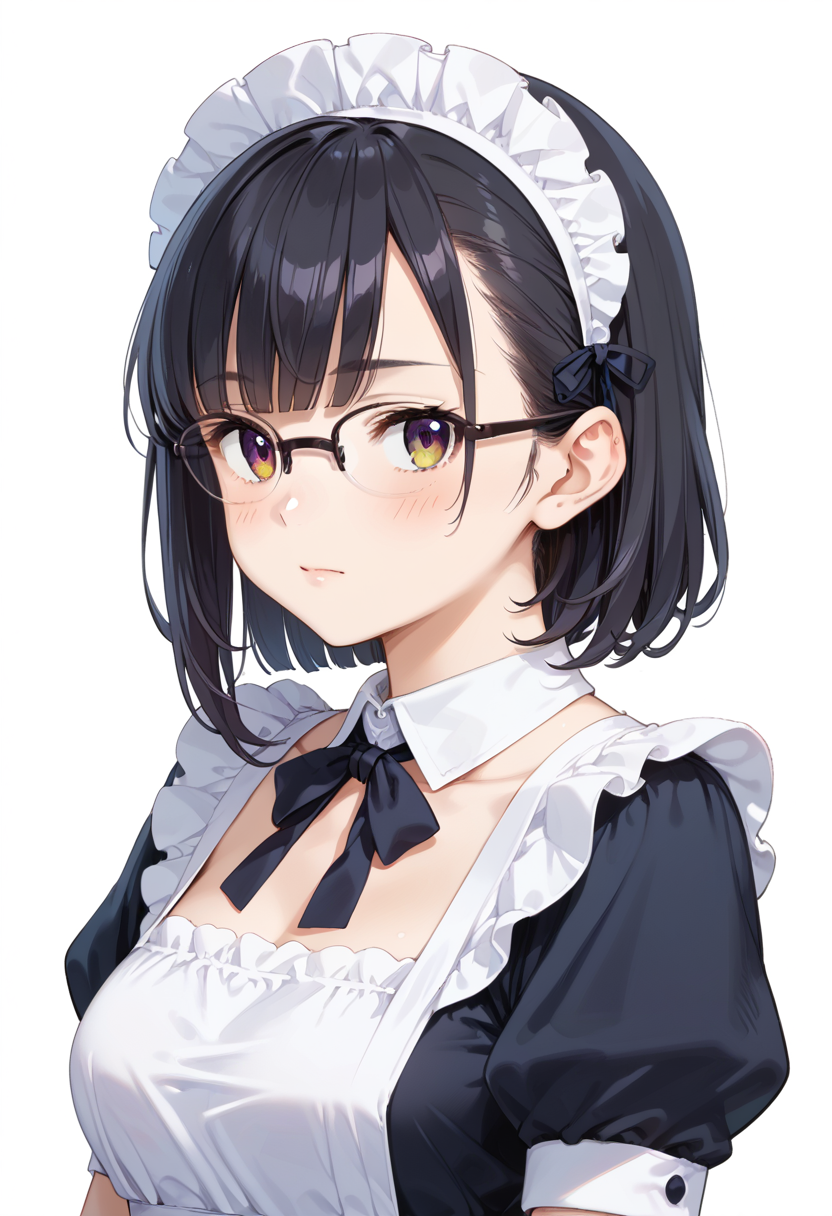 score_9, score_8_up, score_7_up, rating_safe, masterpiece, best quality, absurdres, unity 8k wallpaper, official art, official style, source_anime, uncensored, game cg, megami magazine,
1girl, solo, black hair, medium hair, upper body, covered eyes,maid, maid headdress, black dress, maid apron, face focus, 
halfrim15S, still life, white background, simple background, black-framed eyewear,
 <lora:glasses_halfrim15s_PONY_V1:1>