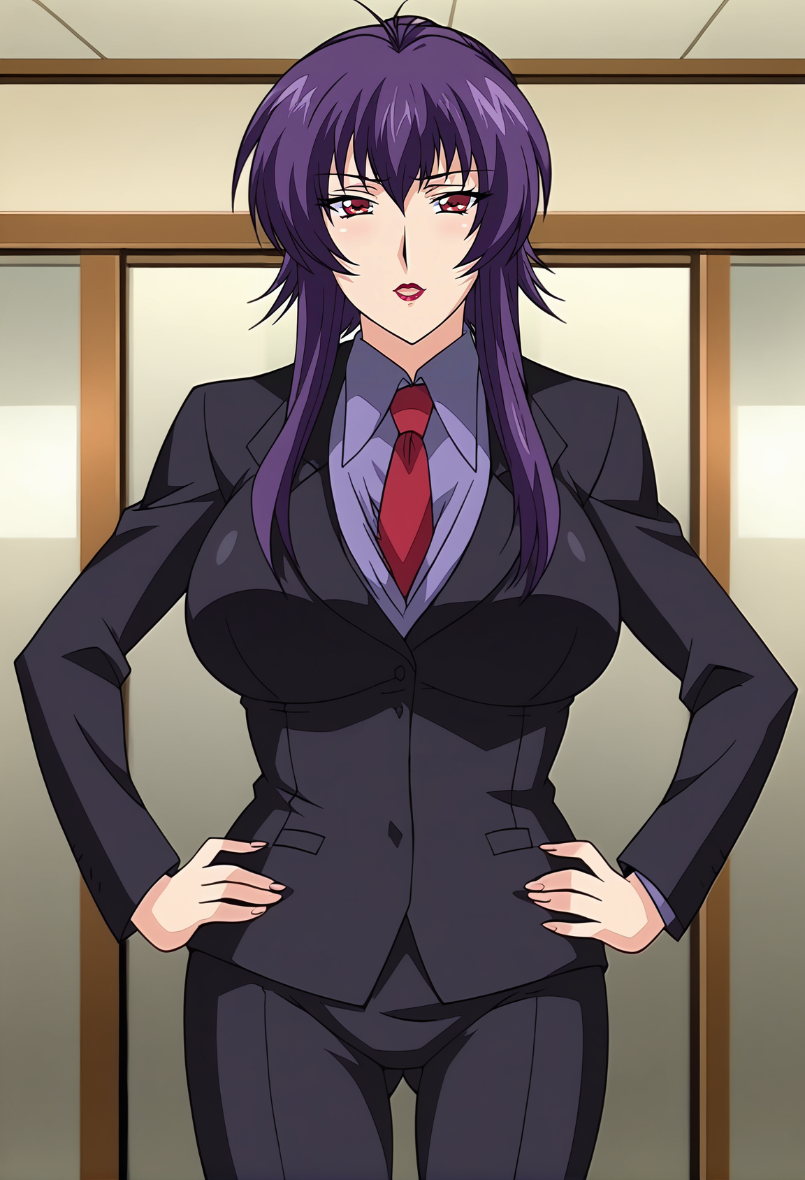 <lora:Sakurai_Sawa-Hypnotism_2:1>,sawa,1girl,purple hair,lipstick,large breasts,red eyes,long hair,suit,formal,hands on own hips,looking at viewer, indoors