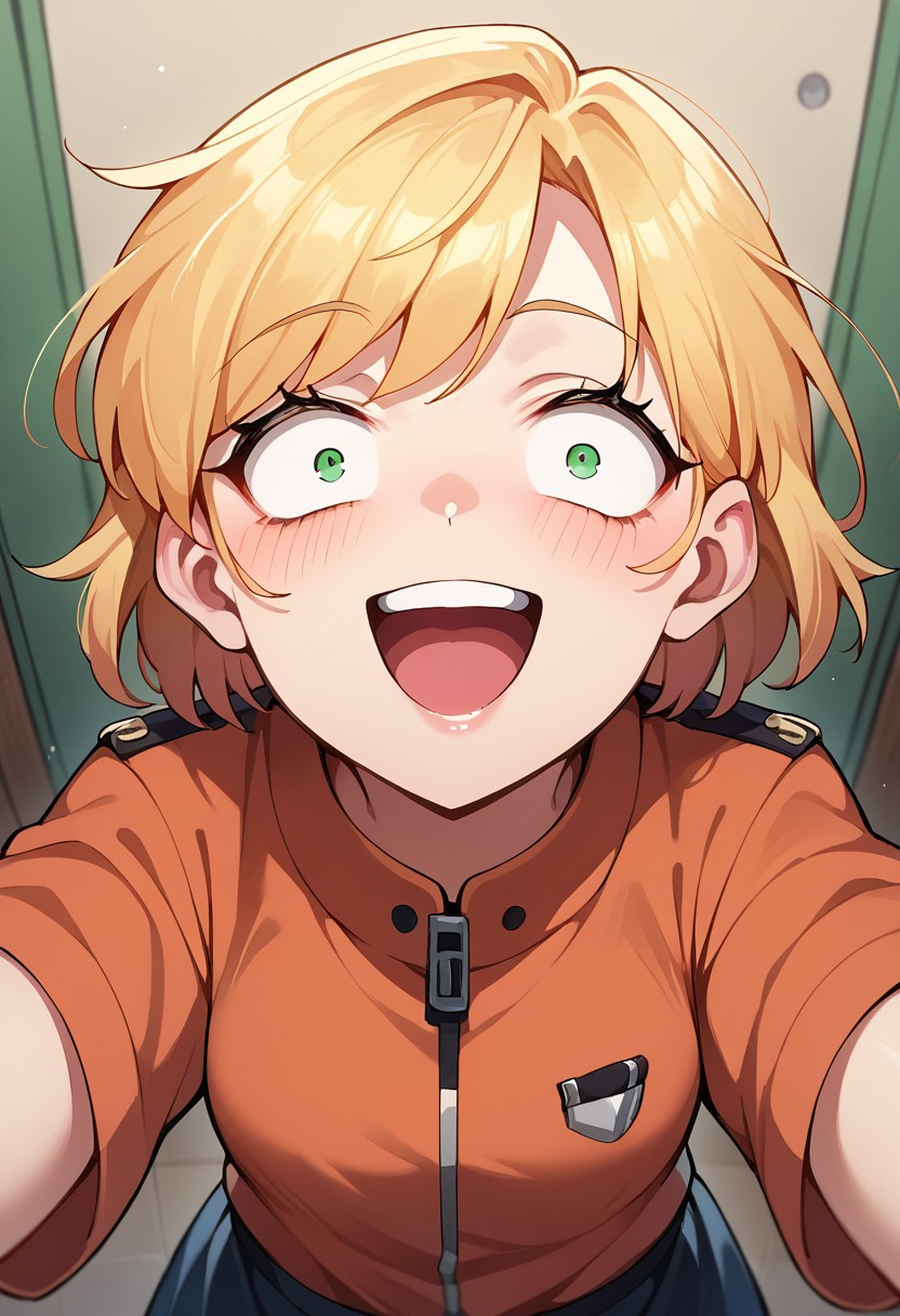 score_9, score_8, score_7, source_anime, constricted constricted pupils, POV, looking at viewer, blush, smile, open mouth, upper teeth only