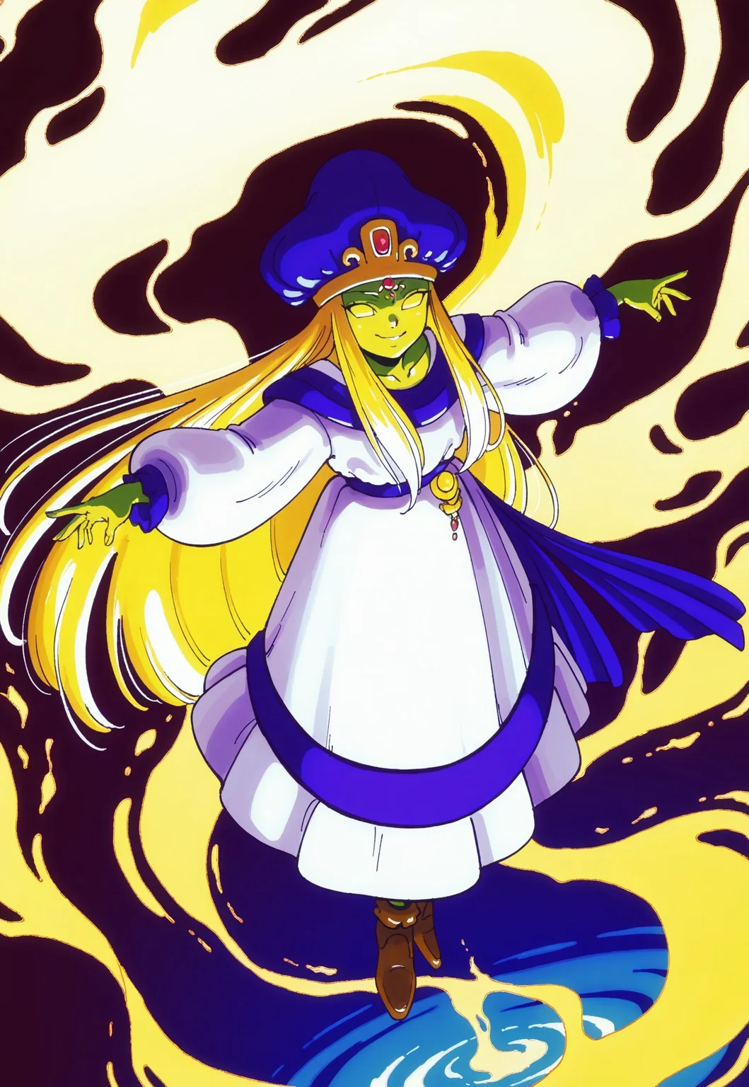 masterpiece, best quality, amazing quality, very aesthetic, absurdres, newest, creatorilxlffl1, 1boy, male focus, blue turban, very long hair, blonde hair, green skin, yellow eyes, no pupils, white robes, blue sash, brown shoes, looking at viewer, action pose, full body, dutch angle, floating, levitating, raised arms, energy, smile, laugh, adult male