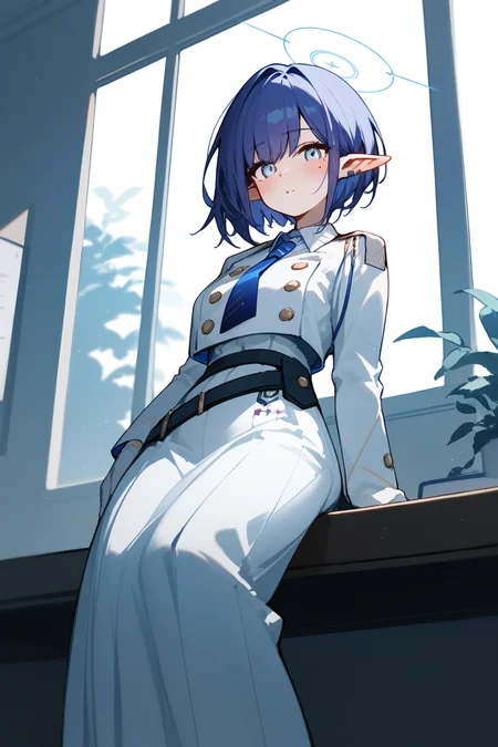 (score_9,score_8_up,score_7_up,),<lora:Oki aoi-000024:1>,Oki Aoi,short hair,blue hair,pointy ears,blue eyes,mole under eye,halo,white jacket,white jacket,blue necktie,white gloves,belt,blush,white skirt,long sleeves,high heels,long skirt,