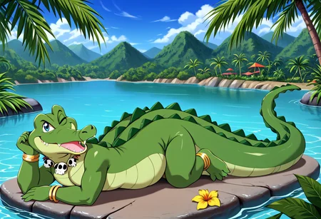 Tick Tock crocodile,fat,giant,male animal, crocodile open large mouth ,green skin, blue eyes, Tick Tock the crocodile is giant and very huge size,teeth,look viewer,Tick Tock the crocodile swimming in the water,belly exposed
,full body,lying on your back in the water,looking at viewer.
Mii, jewelry, short hair, dark-skinned female, dark skin, retro artstyle, 1990s\(style\), necklace, earrings, skull necklace greenish blonde hair, navel, barefoot, anklet, skirt, orange-yellow flower petals skirt, o-ring strapless top, cleavage, midriff, blue eyes, shoes, miniskirt, bikini top, swimsuit, (smile),looking at viewer, smug, one eye closed, head on hand, lying on stomach, cute face, full body,Mii is her little size,Mii is her lying on stomach in the crocodile belly
Palm_trees,jungle, tropical,river,tropical_island,Disney.