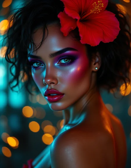 A striking, high-resolution portrait of a young woman with radiant, flawless skin and glossy, plump lips. She is styled with bold, vibrant makeup featuring vivid, multi-tonal eye shadow in shades of deep purple and electric blue, perfectly blended to create a dramatic effect. A large, prominent flower accessoryâsuch as a red hibiscus or bright orchidâis elegantly nestled in her dark, voluminous curled hair. The lighting is expertly crafted with contrasting warm orange and cool teal hues that cast dynamic shadows and highlights across her face, accentuating her sculpted cheekbones, defined jawline, and subtle contouring. She poses confidently yet mysteriously in a three-quarter profile view, her gaze slightly off-camera to evoke intrigue and allure. The softly blurred bokeh background features warm golden lights interspersed with cooler blue tones, enhancing the dreamy, ethereal atmosphere. The composition centers on her expressive eyes and poised expression that convey both grace and strength. This image embodies a modern, artistic aesthetic ideal for high-fashion editorials and beauty photography campaigns, rendered with sharp focus and rich color depth for maximum visual impact. <lora:aidmaFLUXPro1.1-FLUX-v0.3:1>