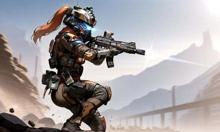 embedding:IllusP0s, Pilot_\(titanfall\), assault rifle, solo, 1girl, shooting pose, side view,<lora:titanfall.safetensors:1.0:1.0>