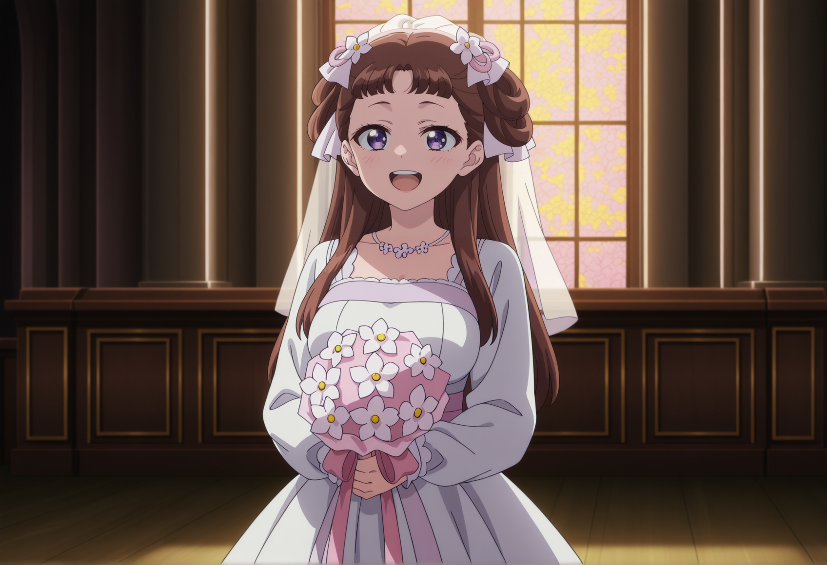 anime screenshot, anime coloring, 1girl, brown hair, purple eyes, long hair, hair rings,  outdoors, smile, upper teeth only, bride, dress, veil, church, holding bouquet   <lora:lishu_kusuriya_v2:1> big breasts, masterpiece, best quality, amazing quality, very aesthetic, absurdres, highres, newest