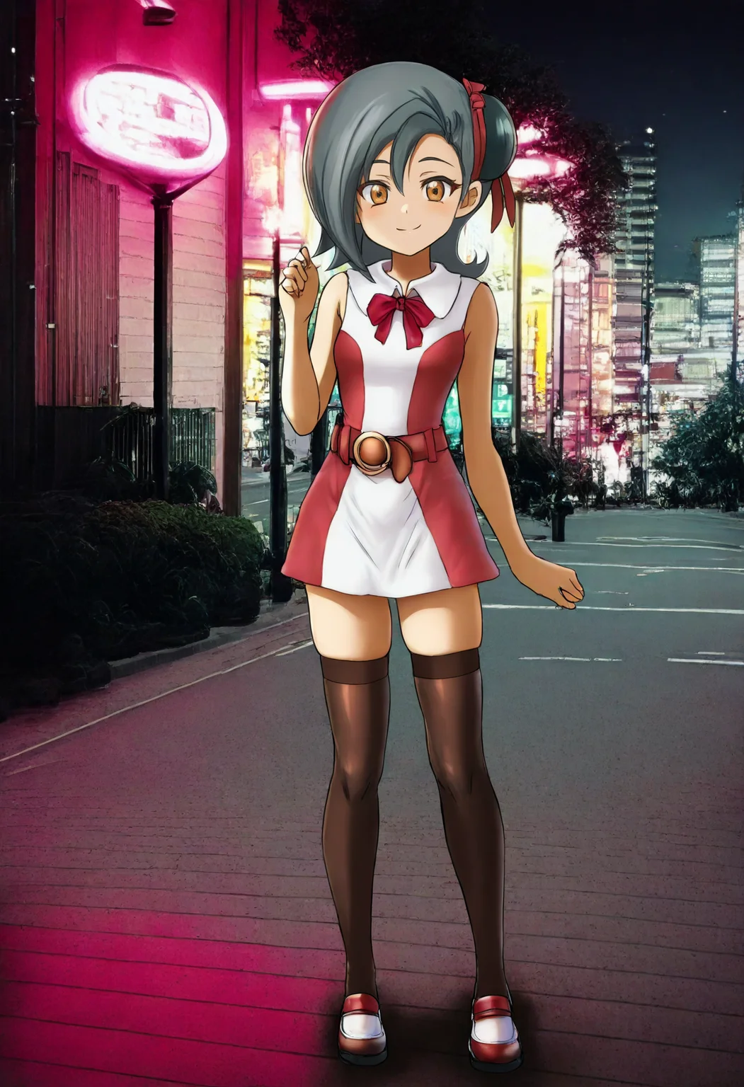 best quality, amazing quality, very aesthetic, full body, <lora:Gishiki:1>, solo, 1girl, <lora:Kotori Mizuki (Yu-Gi-Oh! ZEXAL):1>, kotori mizuki, grey hair, km4, one-piece dress, sleeveless dress, collared dress, two-tone dress, red dress, white dress, red bow, brown belt, o-ring belt, two-tone thighhighs, brown thighhighs, black thighhighs, skindentation, two-tone loafers, red loafers, white loafers, standing, looking at viewer, smile, photo background, city, sidewalk, road, buildings, night, city lights, neon lights, outdoors, <lora:ChamIllustriousBackgroundEnhancer:1>
