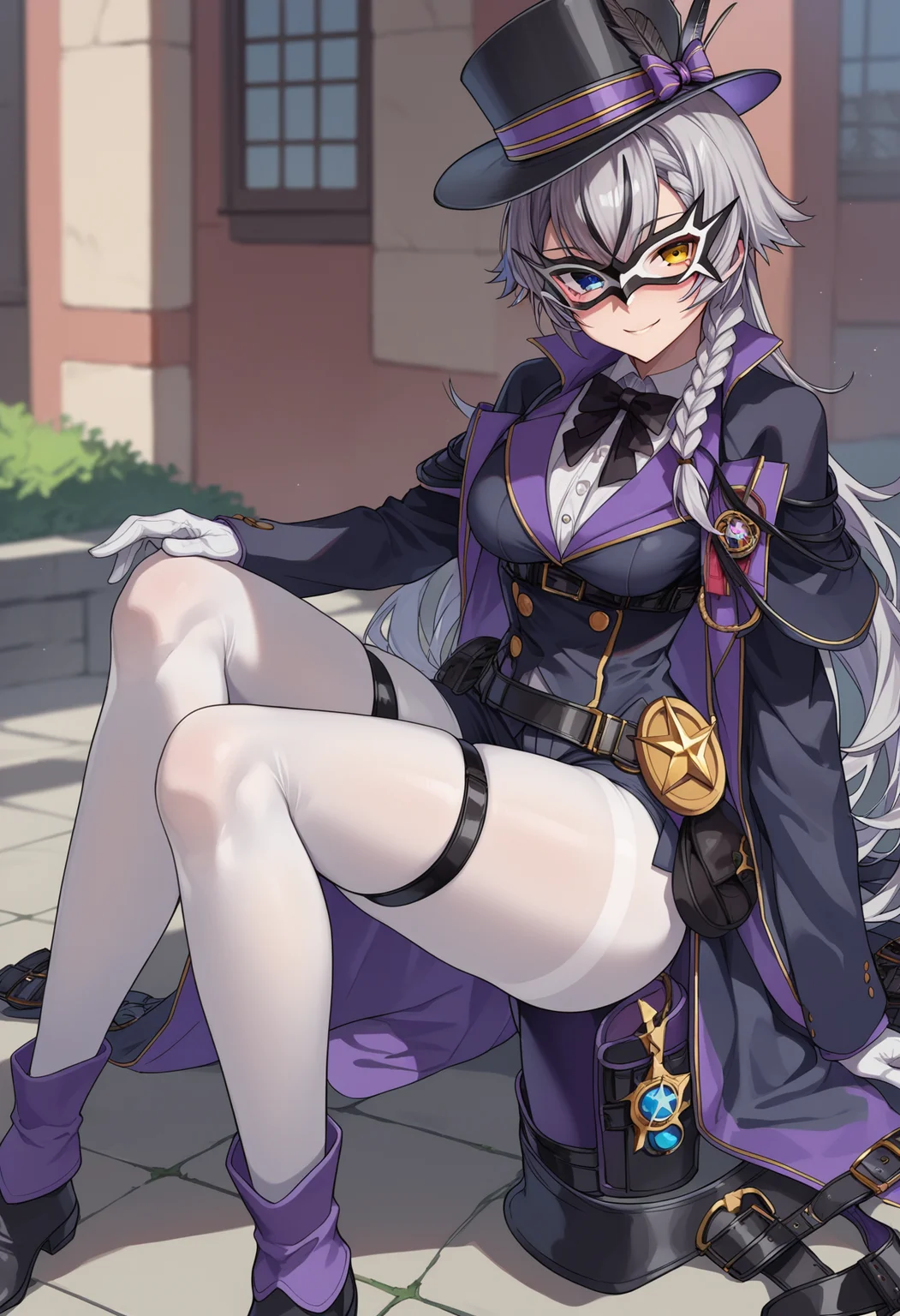 score_9, score_8_up, score_7_up, source_anime, rating_explicit,
BREAK
1girl, solo, 
<lora:shiPhamtonV1:1.0> ,shiphamrng,  grey hair, long hair, yellow eyes, blue eyes, 
heterochromia, braid, domino mask, 
top hat, white gloves, black jacket, long sleeves, 
belt, belt pouch, black shorts, 
white pantyhose, thigh strap, black footwear, 
looking at viewer, smile, 
outdoors,