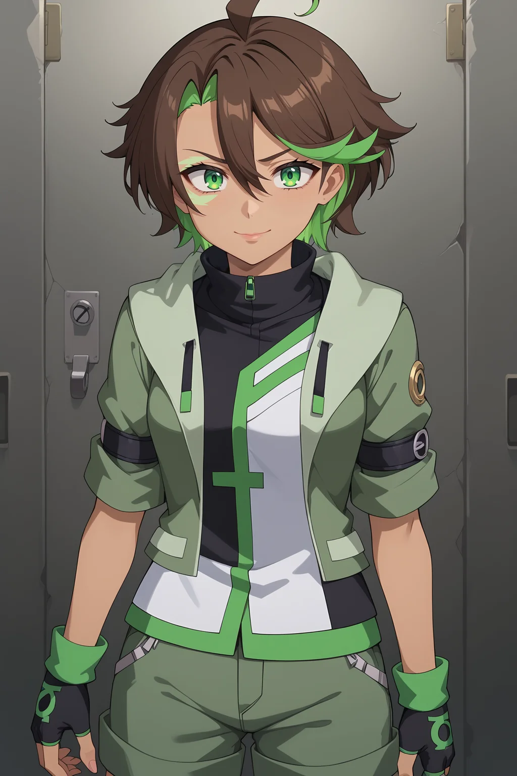 score_9, score_8_up, score_7_up, source anime, prefect lighting, very aesthetic, BREAK,
<lora:jessica_cruz_v1-pdv6:0.9>, 1girl, jessica cruz, green eyes, brown hair, multicolored hair, short hair, hair between eyes, ahoge, dark-skinned female, facial mark,
cruzout, shirt, short sleeves, black gloves, fingerless gloves, open jacket, green jacket, green shorts, green footwear,
BREAK, looking at viewer, light smile,
BREAK,