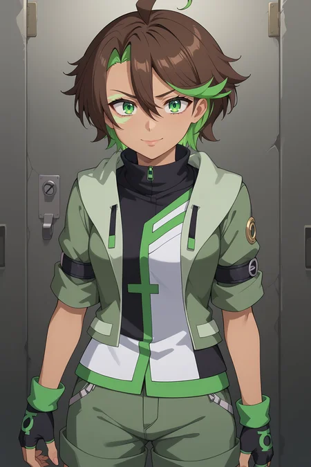 score_9, score_8_up, score_7_up, source anime, prefect lighting, very aesthetic, BREAK,
<lora:jessica_cruz_v1-pdv6:0.9>, 1girl, jessica cruz, green eyes, brown hair, multicolored hair, short hair, hair between eyes, ahoge, dark-skinned female, facial mark,
cruzout, shirt, short sleeves, black gloves, fingerless gloves, open jacket, green jacket, green shorts, green footwear,
BREAK, looking at viewer, light smile,
BREAK,